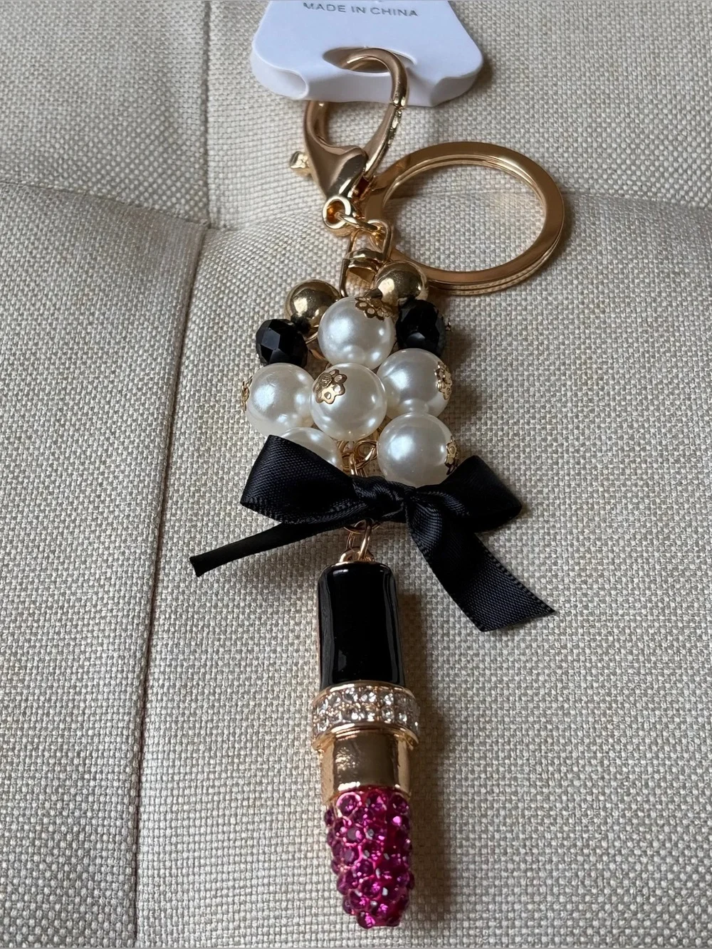 Pearl & Black Ribbon Lipstick Keychain Bag Charm